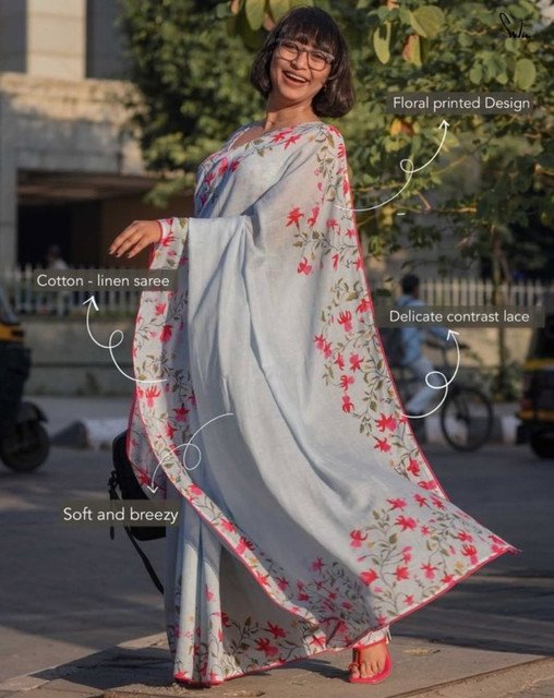 Generic Women's Linen Floral Printed Saree With Unstitched Blouse - 5.5 Mtr (Grey) - Image 3