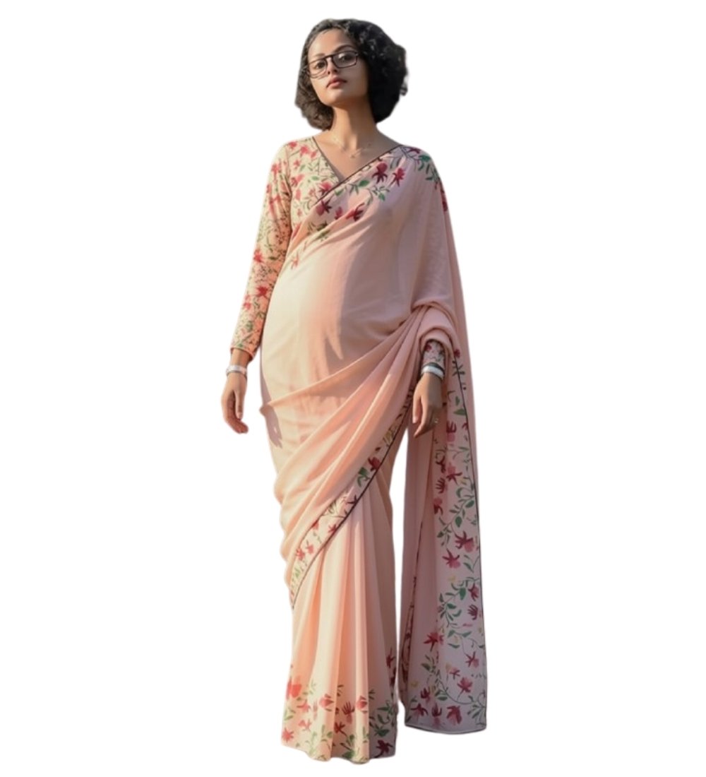 Generic Women's Linen Floral Printed Saree With Unstitched Blouse - 5.5 Mtr (Peach) - Image 2