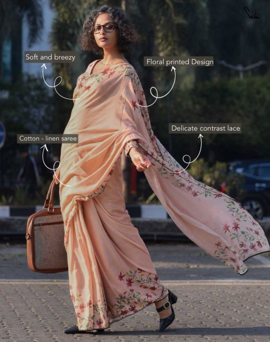 Generic Women's Linen Floral Printed Saree With Unstitched Blouse - 5.5 Mtr (Peach) - Image 3
