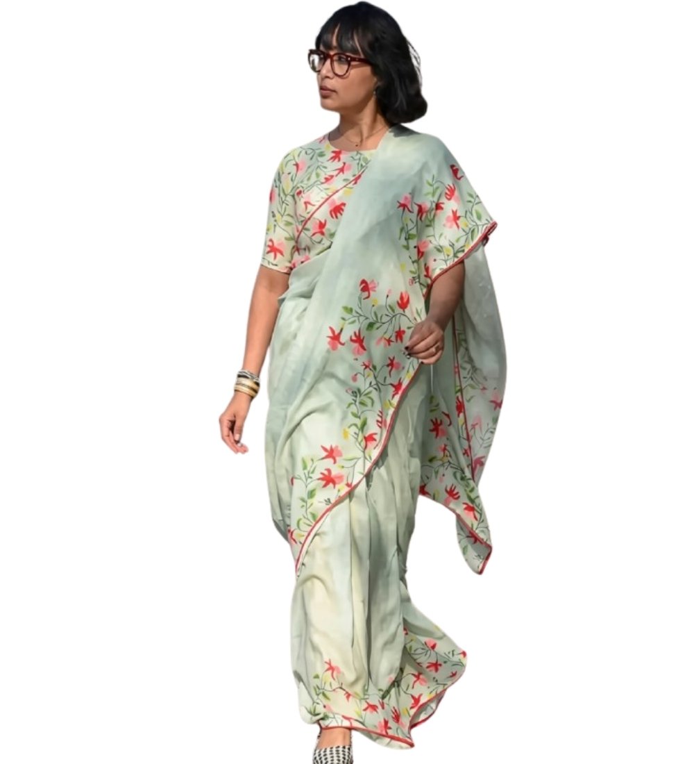 Generic Women's Linen Floral Printed Saree With Unstitched Blouse - 5.5 Mtr (Light Green) - Image 2