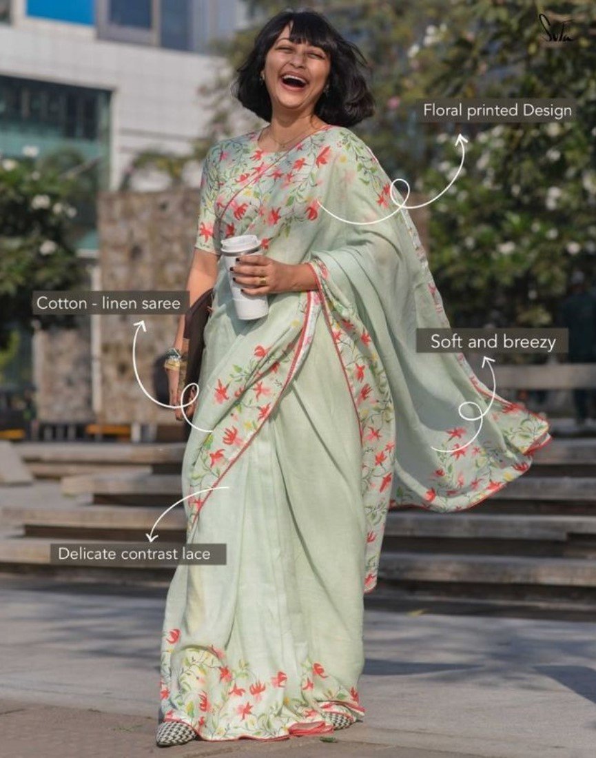 Generic Women's Linen Floral Printed Saree With Unstitched Blouse - 5.5 Mtr (Light Green) - Image 3