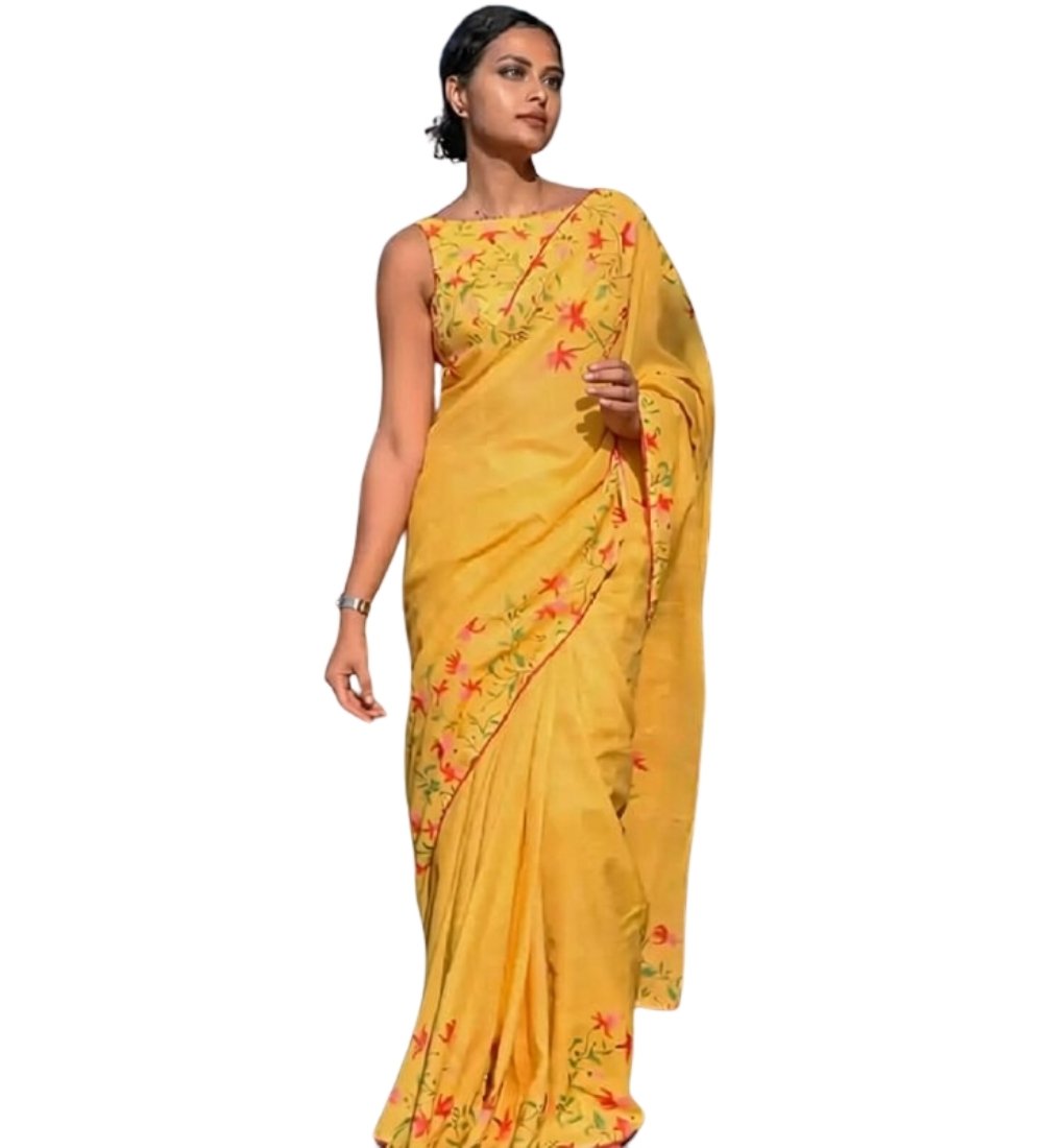 Generic Women's Linen Floral Printed Saree With Unstitched Blouse - 5.5 Mtr (Yellow) - Image 2