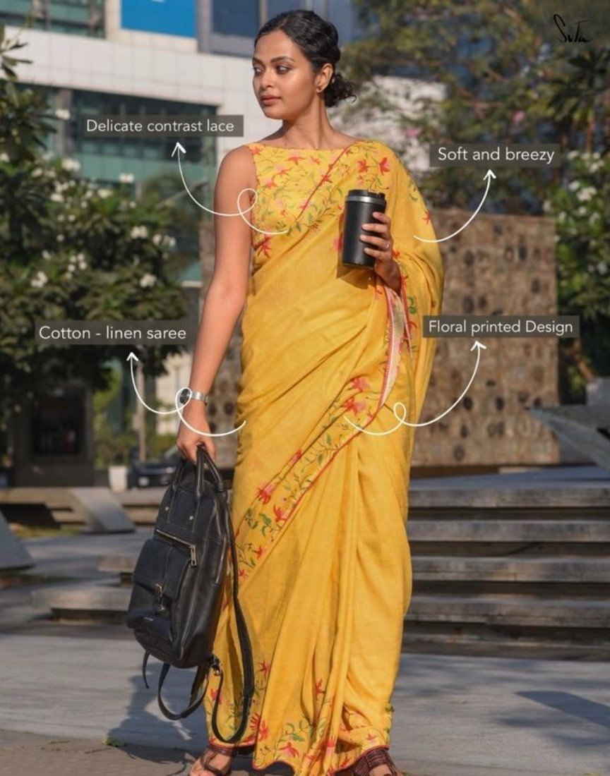 Generic Women's Linen Floral Printed Saree With Unstitched Blouse - 5.5 Mtr (Yellow) - Image 3