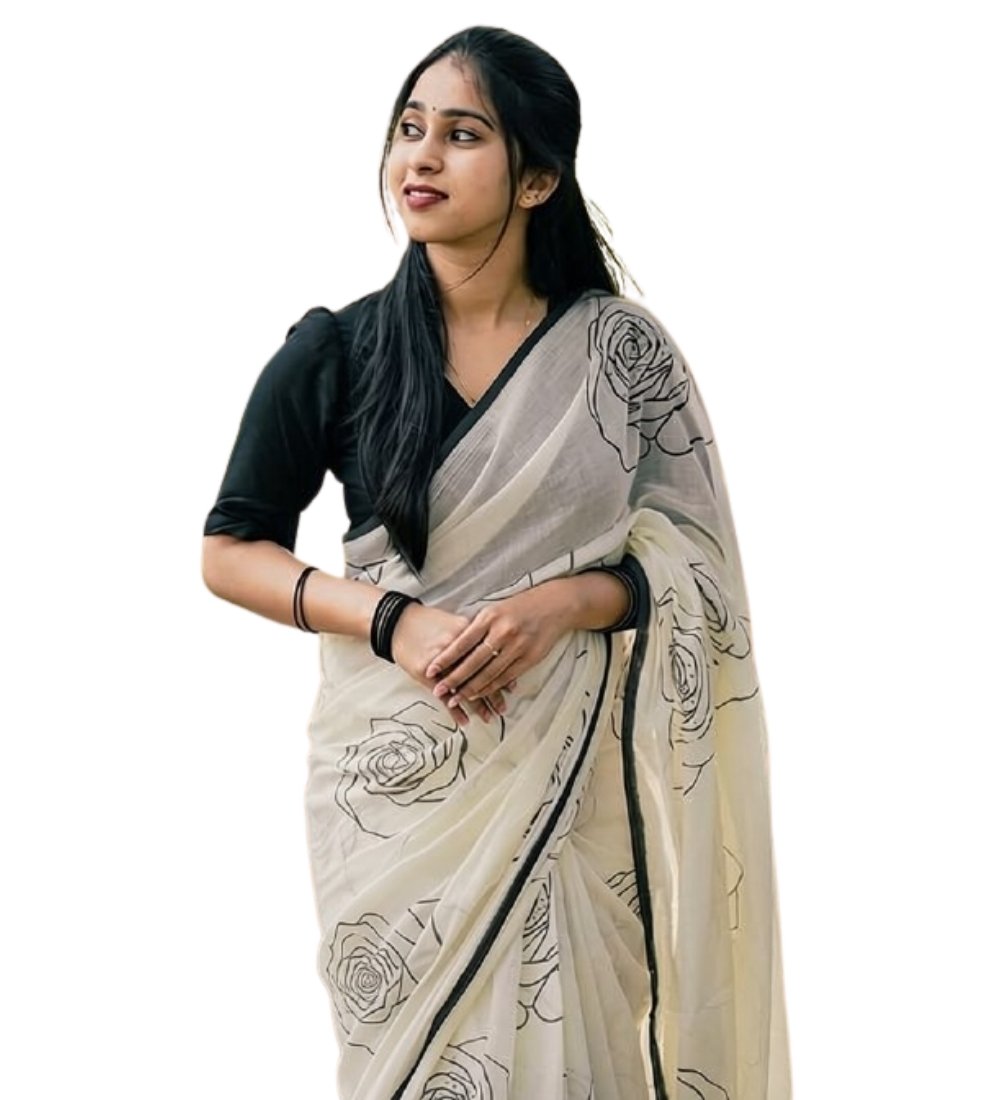 Generic Women's Linen Floral Printed Saree With Unstitched Blouse - 5.5 Mtr (White-Black) - Image 2