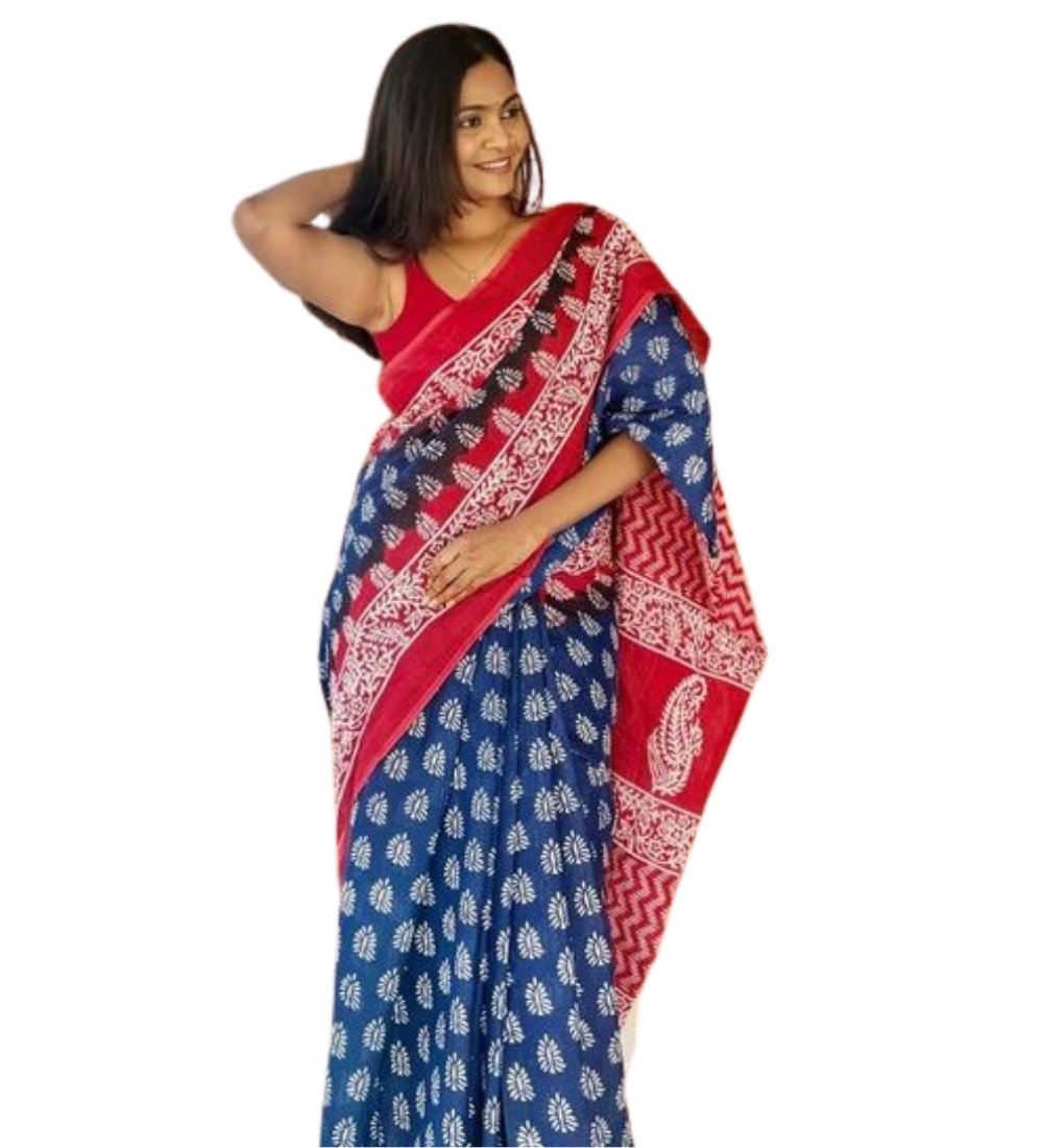 Generic Women's Linen Printed Saree With Unstitched Blouse - 5.5 Mtr (Blue-Red) - Image 2