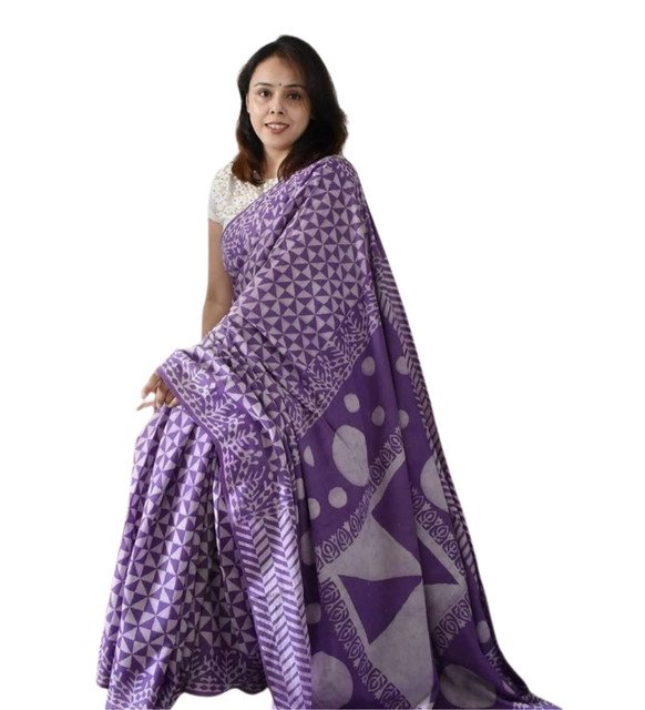 Generic Women's Linen Printed Saree With Unstitched Blouse - 5.5 Mtr (Purple) - Image 2
