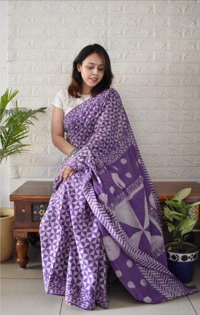 Generic Women's Linen Printed Saree With Unstitched Blouse - 5.5 Mtr (Purple) - Image 3