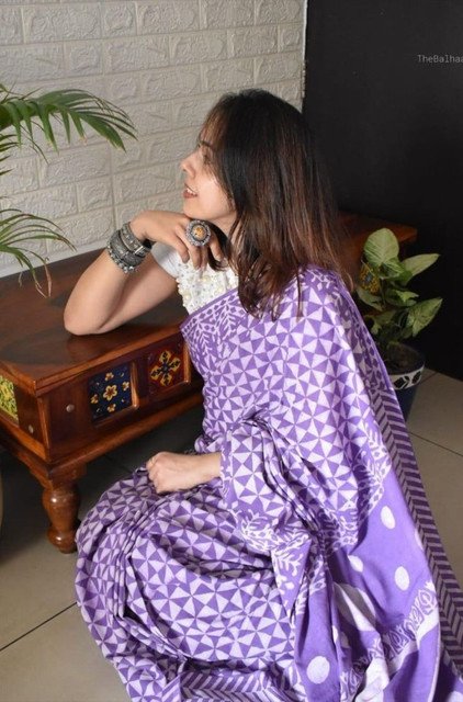 Generic Women's Linen Printed Saree With Unstitched Blouse - 5.5 Mtr (Purple) - Image 4