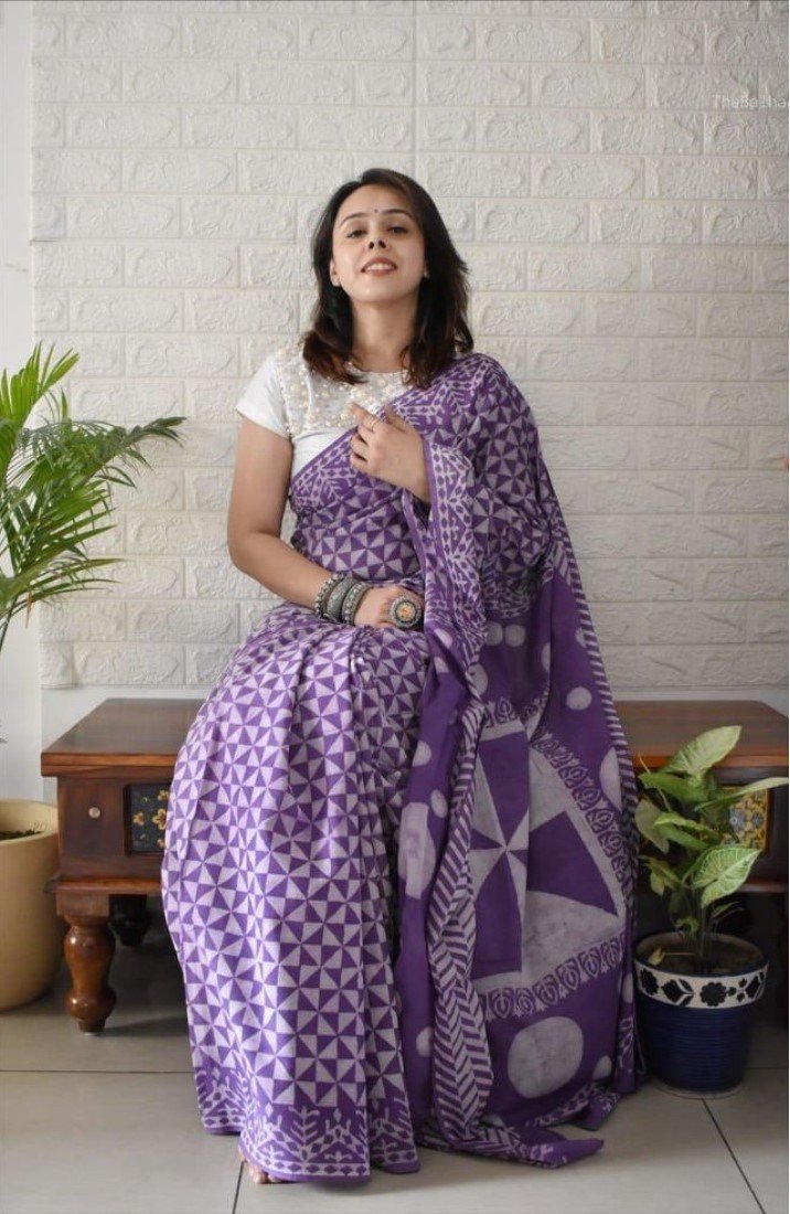 Generic Women's Linen Printed Saree With Unstitched Blouse - 5.5 Mtr (Purple) - Image 5