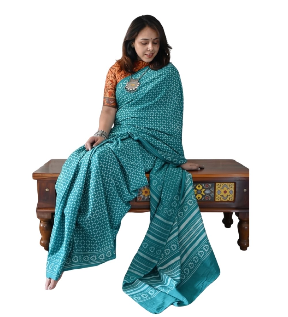 Generic Women's Linen Printed Saree With Unstitched Blouse - 5.5 Mtr (Teal) - Image 2