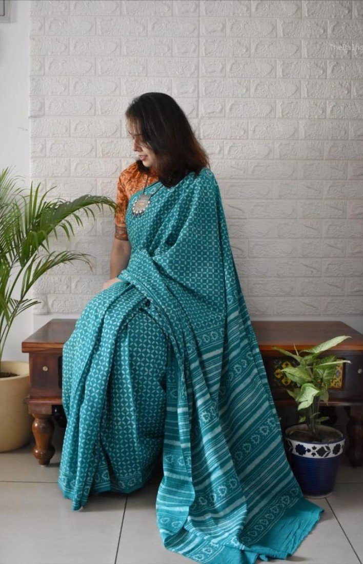 Generic Women's Linen Printed Saree With Unstitched Blouse - 5.5 Mtr (Teal) - Image 3