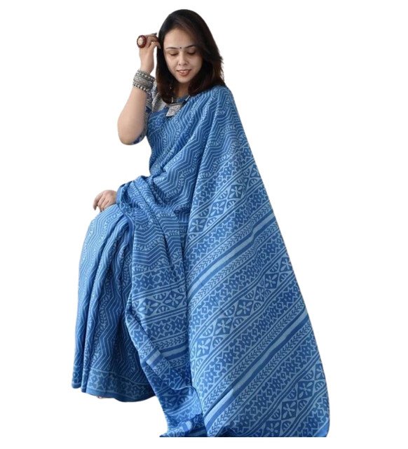 Generic Women's Linen Printed Saree With Unstitched Blouse - 5.5 Mtr (Royal blue) - Image 2