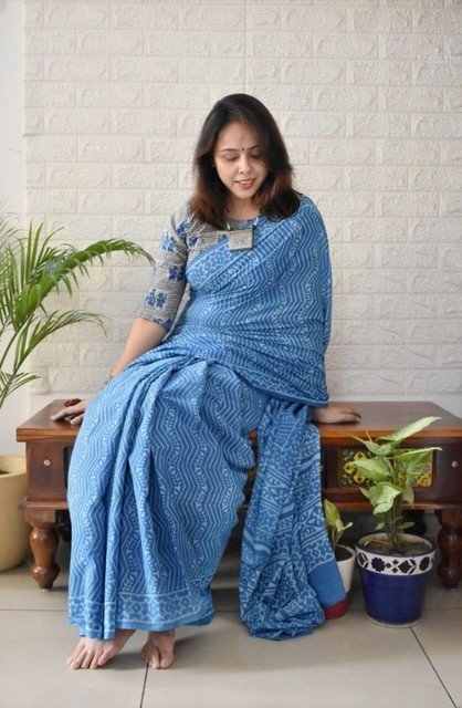 Generic Women's Linen Printed Saree With Unstitched Blouse - 5.5 Mtr (Royal blue) - Image 3