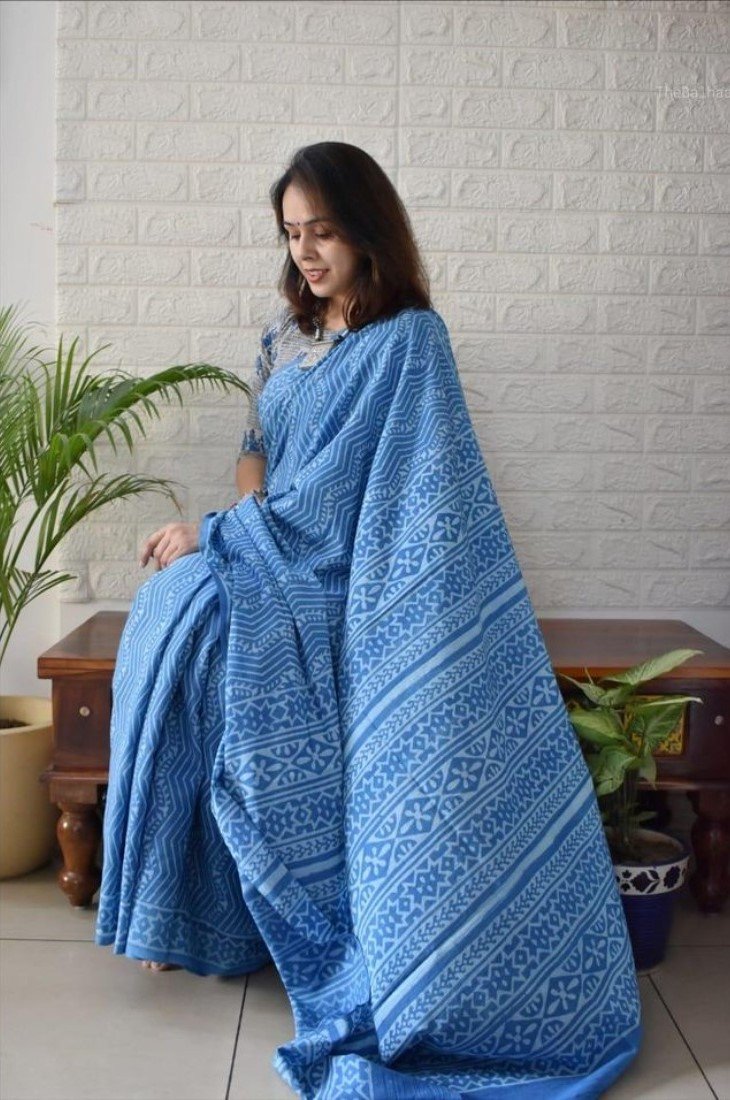 Generic Women's Linen Printed Saree With Unstitched Blouse - 5.5 Mtr (Royal blue) - Image 4