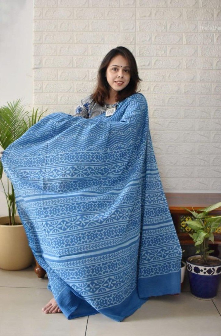 Generic Women's Linen Printed Saree With Unstitched Blouse - 5.5 Mtr (Royal blue) - Image 5