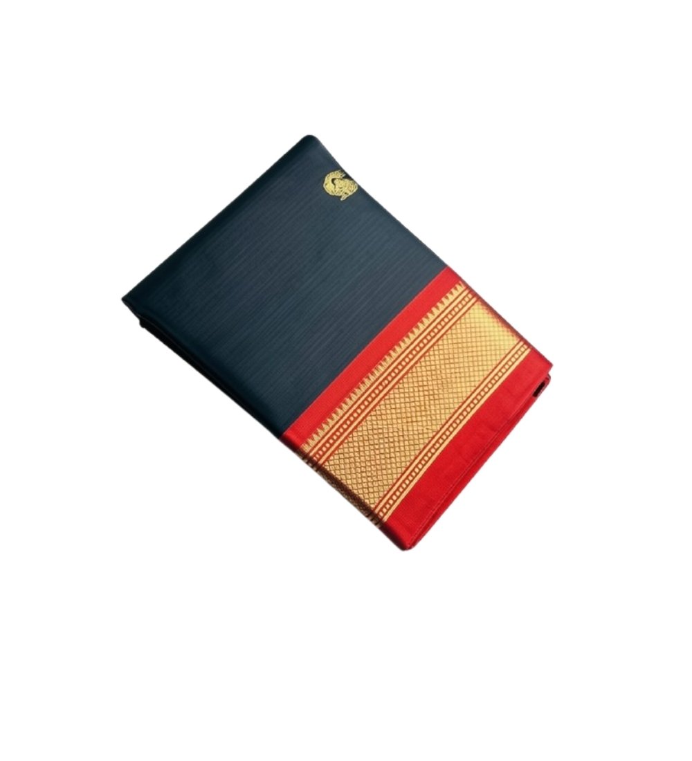 Generic Women's Cotton Silk Solid Saree With Unstitched Blouse - 5.5 Mtr (Black-Red) - Image 2