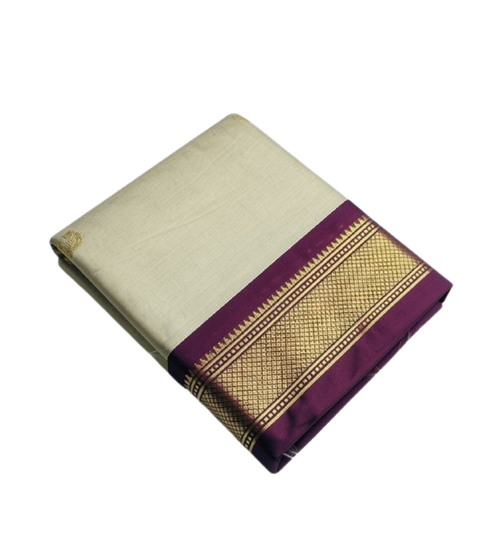 Generic Women's Cotton Silk Solid Saree With Unstitched Blouse - 5.5 Mtr (Cream-Wine) - Image 2