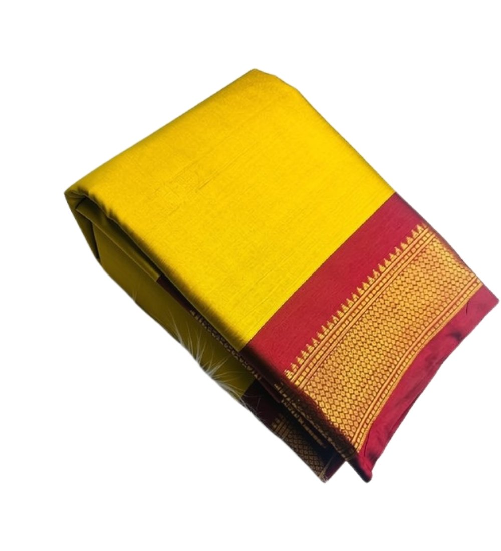 Generic Women's Cotton Silk Solid Saree With Unstitched Blouse - 5.5 Mtr (Yellow-Red) - Image 2