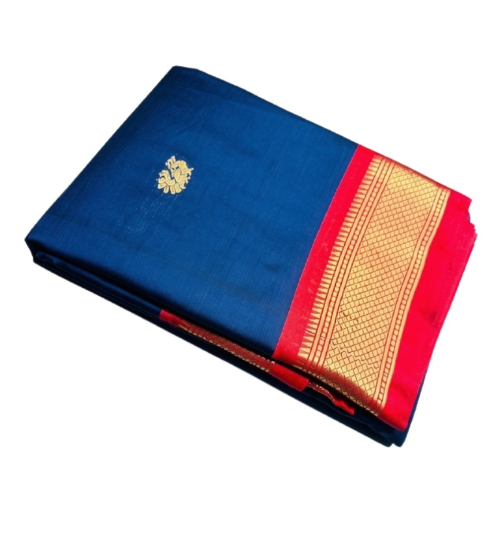 Generic Women's Cotton Silk Solid Saree With Unstitched Blouse - 5.5 Mtr (Navy Blue-Red) - Image 2
