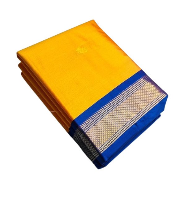 Generic Women's Cotton Silk Solid Saree With Unstitched Blouse - 5.5 Mtr (Yellow-Blue) - Image 2