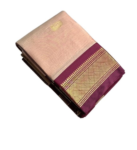Generic Women's Cotton Silk Solid Saree With Unstitched Blouse - 5.5 Mtr (Peach-Maroon) - Image 2