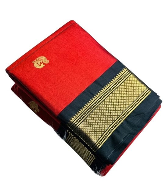 Generic Women's Cotton Silk Solid Saree With Unstitched Blouse - 5.5 Mtr (Red-Black) - Image 2