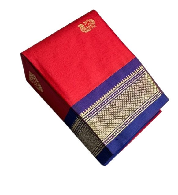 Generic Women's Cotton Silk Solid Saree With Unstitched Blouse - 5.5 Mtr (Red-Blue) - Image 2