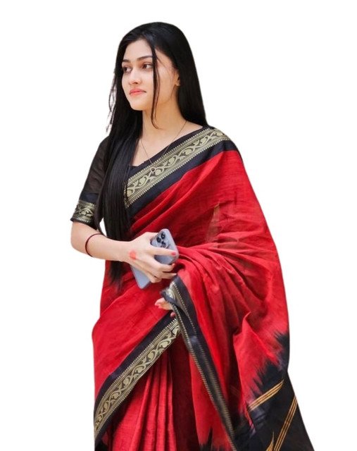 Generic Women's Linen Striped Saree With Unstitched Blouse - 5.5 Mtr (Red-Black) - Image 2