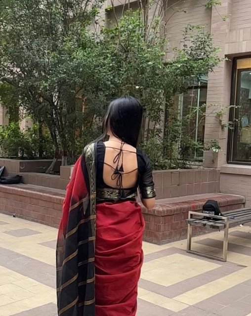 Generic Women's Linen Striped Saree With Unstitched Blouse - 5.5 Mtr (Red-Black) - Image 3