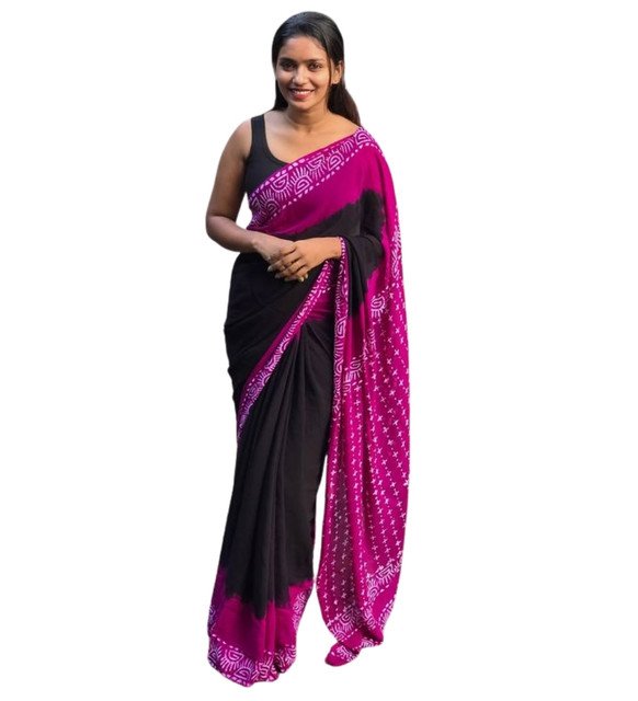 Generic Women's Linen Printed Saree With Unstitched Blouse - 5.5 Mtr (Black-Pink) - Image 2