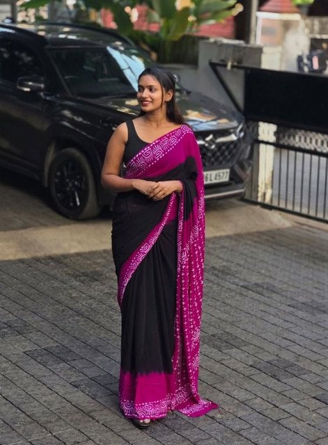 Generic Women's Linen Printed Saree With Unstitched Blouse - 5.5 Mtr (Black-Pink) - Image 3