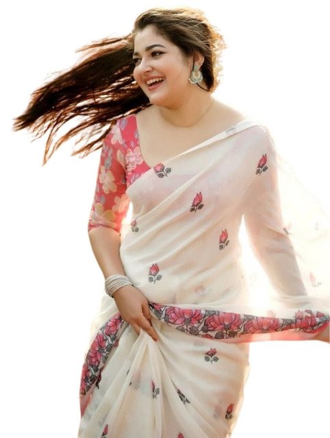 Generic Women's Linen Floral Printed Saree With Unstitched Blouse - 5.5 Mtr (Off White) - Image 2