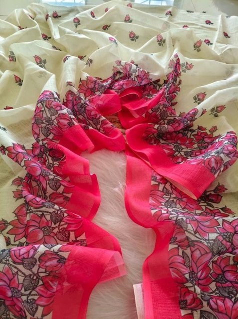 Generic Women's Linen Floral Printed Saree With Unstitched Blouse - 5.5 Mtr (Off White) - Image 4