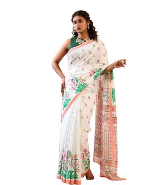 Generic Women's Linen Floral Printed Saree With Unstitched Blouse - 5.5 Mtr (White) - Image 2