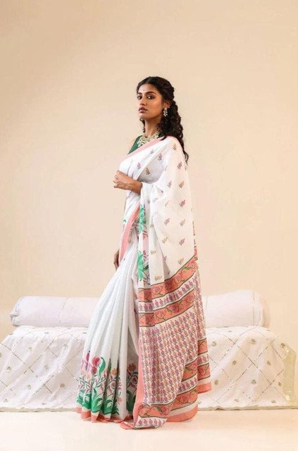 Generic Women's Linen Floral Printed Saree With Unstitched Blouse - 5.5 Mtr (White) - Image 3