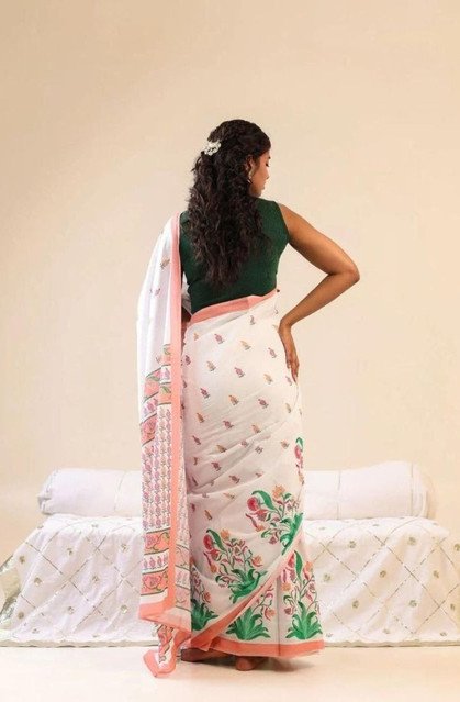 Generic Women's Linen Floral Printed Saree With Unstitched Blouse - 5.5 Mtr (White) - Image 4