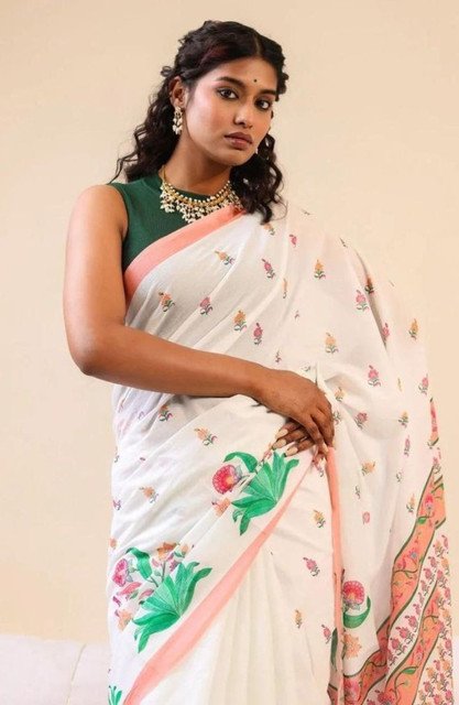 Generic Women's Linen Floral Printed Saree With Unstitched Blouse - 5.5 Mtr (White) - Image 5