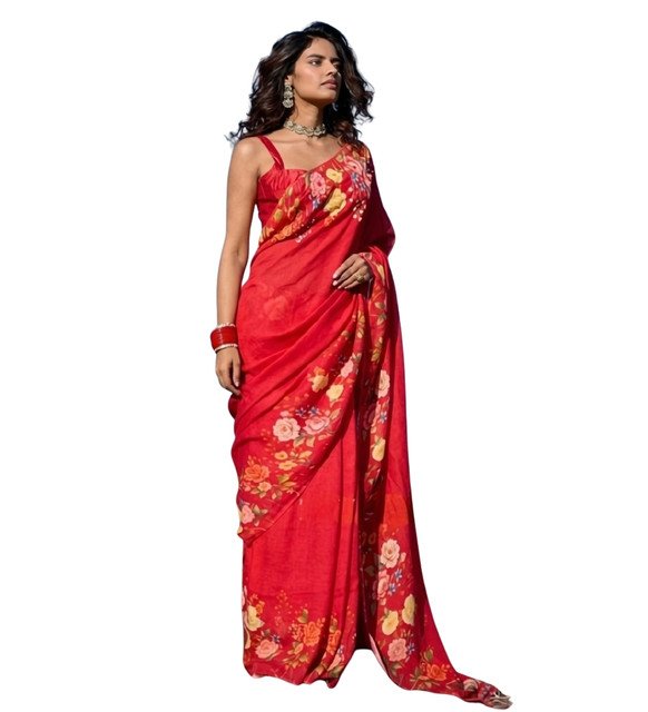 Generic Women's Linen Floral Printed Saree With Unstitched Blouse - 5.5 Mtr (Red) - Image 2