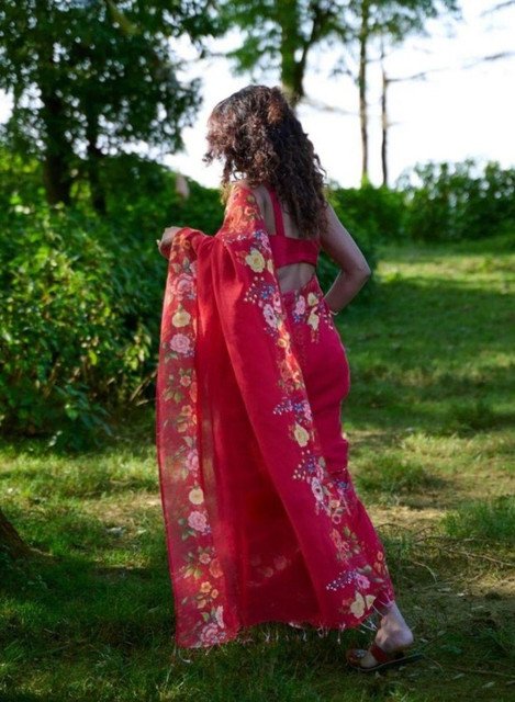 Generic Women's Linen Floral Printed Saree With Unstitched Blouse - 5.5 Mtr (Red) - Image 3