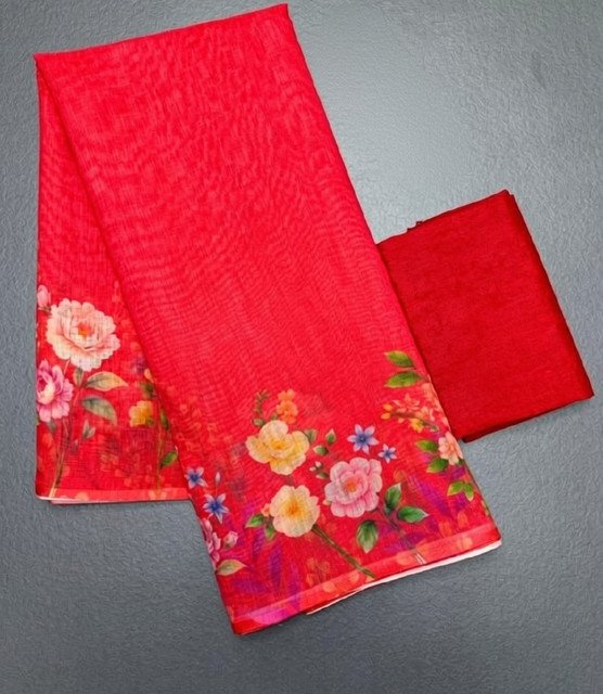 Generic Women's Linen Floral Printed Saree With Unstitched Blouse - 5.5 Mtr (Red) - Image 4