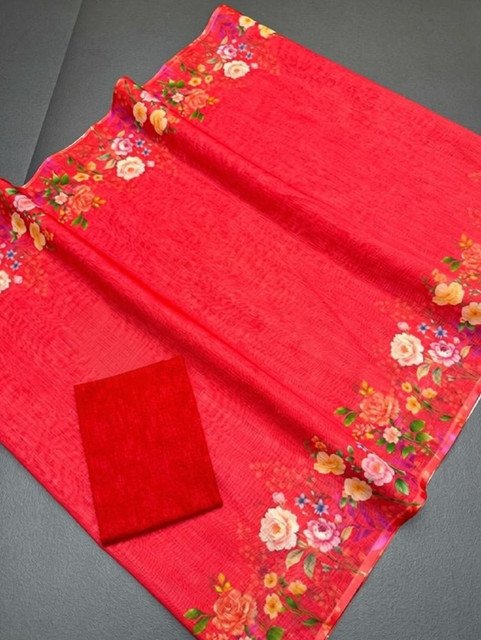 Generic Women's Linen Floral Printed Saree With Unstitched Blouse - 5.5 Mtr (Red) - Image 5