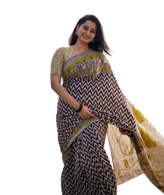 Generic Women's Linen Kalamkari Printed Saree With Unstitched Blouse - 5.5 Mtr (Purple) - Image 2