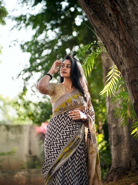 Generic Women's Linen Kalamkari Printed Saree With Unstitched Blouse - 5.5 Mtr (Purple) - Image 4