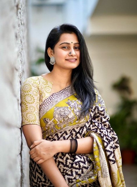 Generic Women's Linen Kalamkari Printed Saree With Unstitched Blouse - 5.5 Mtr (Purple) - Image 5