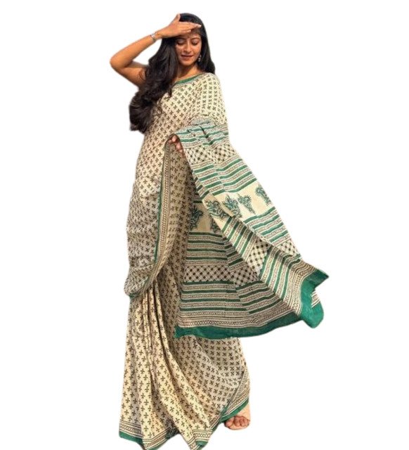 Generic Women's Linen Printed Saree With Unstitched Blouse - 5.5 Mtr (Off White) - Image 2
