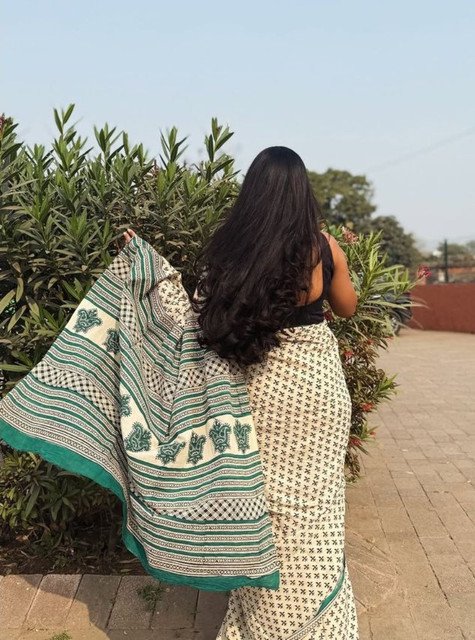 Generic Women's Linen Printed Saree With Unstitched Blouse - 5.5 Mtr (Off White) - Image 3