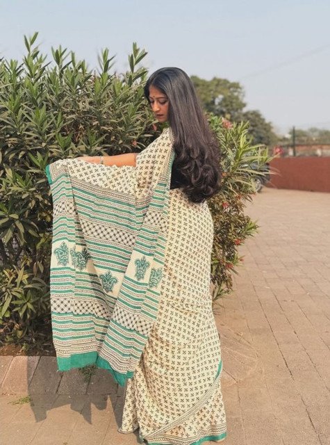 Generic Women's Linen Printed Saree With Unstitched Blouse - 5.5 Mtr (Off White) - Image 5