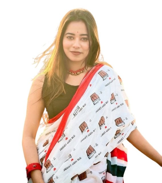 Generic Women's Linen Printed Saree With Unstitched Blouse - 5.5 Mtr (White-Red) - Image 2