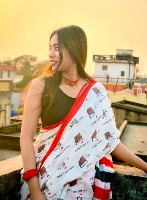 Generic Women's Linen Printed Saree With Unstitched Blouse - 5.5 Mtr (White-Red) - Image 4