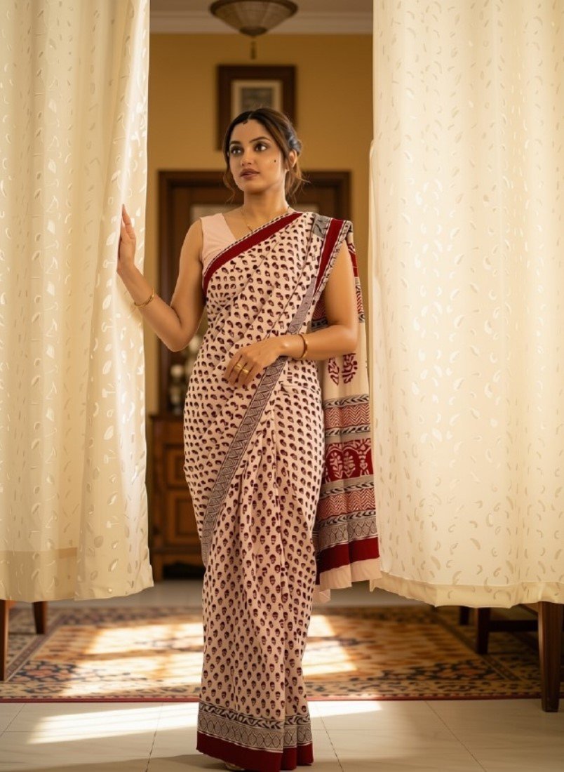 Generic Women's Linen Printed Saree With Unstitched Blouse - 5.5 Mtr (Off White)